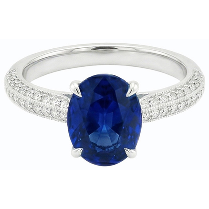 Solitaire Ring With Accents Oval Blue Sapphire & Natural Earth Mined Diamonds 4.50 Carats