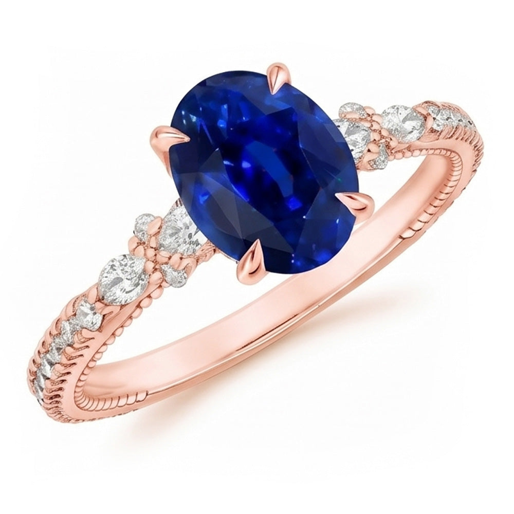 Solitaire Ring With Pear Natural Earth Mined Diamond Accents Oval Ceylon Sapphire 4 Carats
