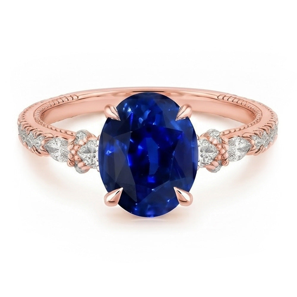 Solitaire Ring With Pear Natural Earth Mined Diamond Accents Oval Ceylon Sapphire 4 Carats