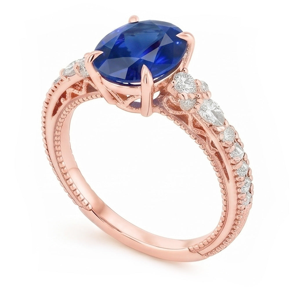 Solitaire Ring With Pear Natural Earth Mined Diamond Accents Oval Ceylon Sapphire 4 Carats