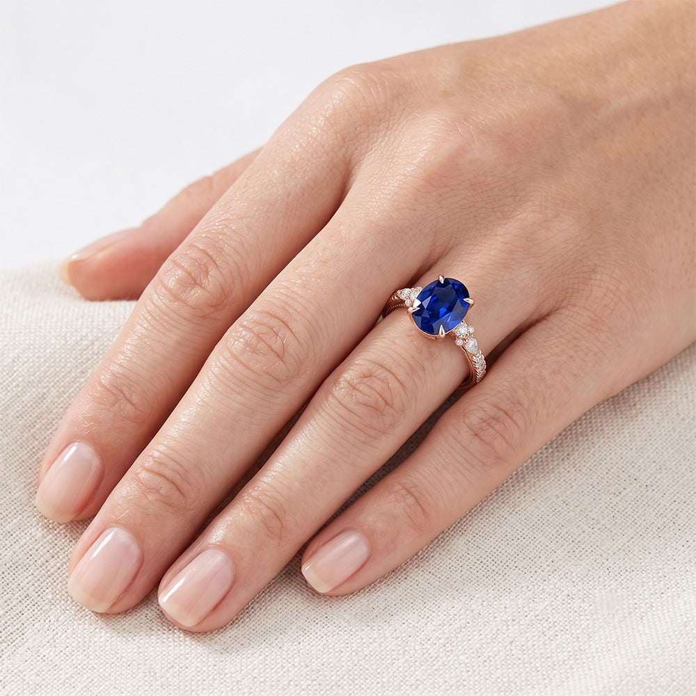 Solitaire Ring With Pear Natural Earth Mined Diamond Accents Oval Ceylon Sapphire 4 Carats