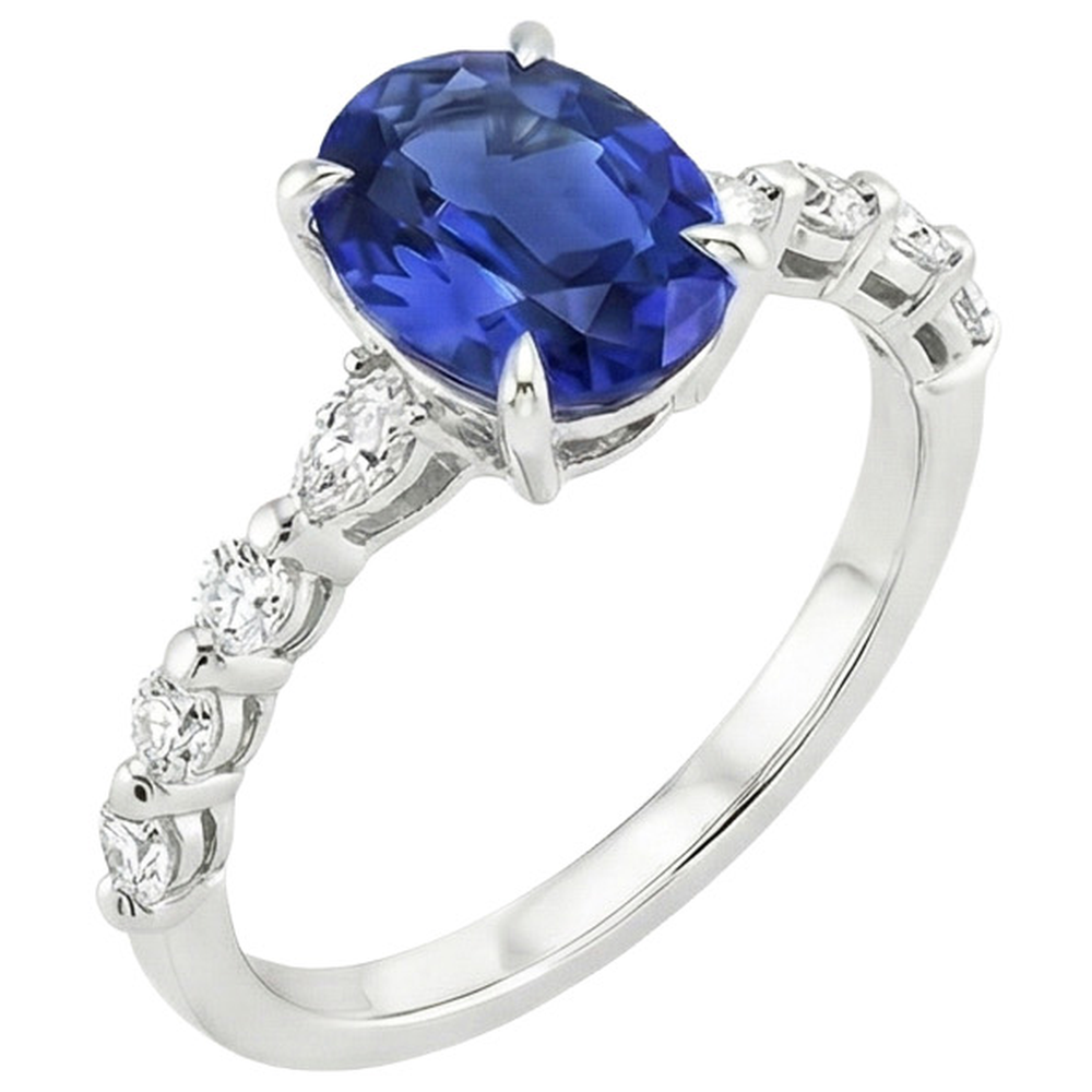 Solitaire Ring With Pear & Round Natural Earth Mined Diamond Accent Blue Sapphire 4 Carats