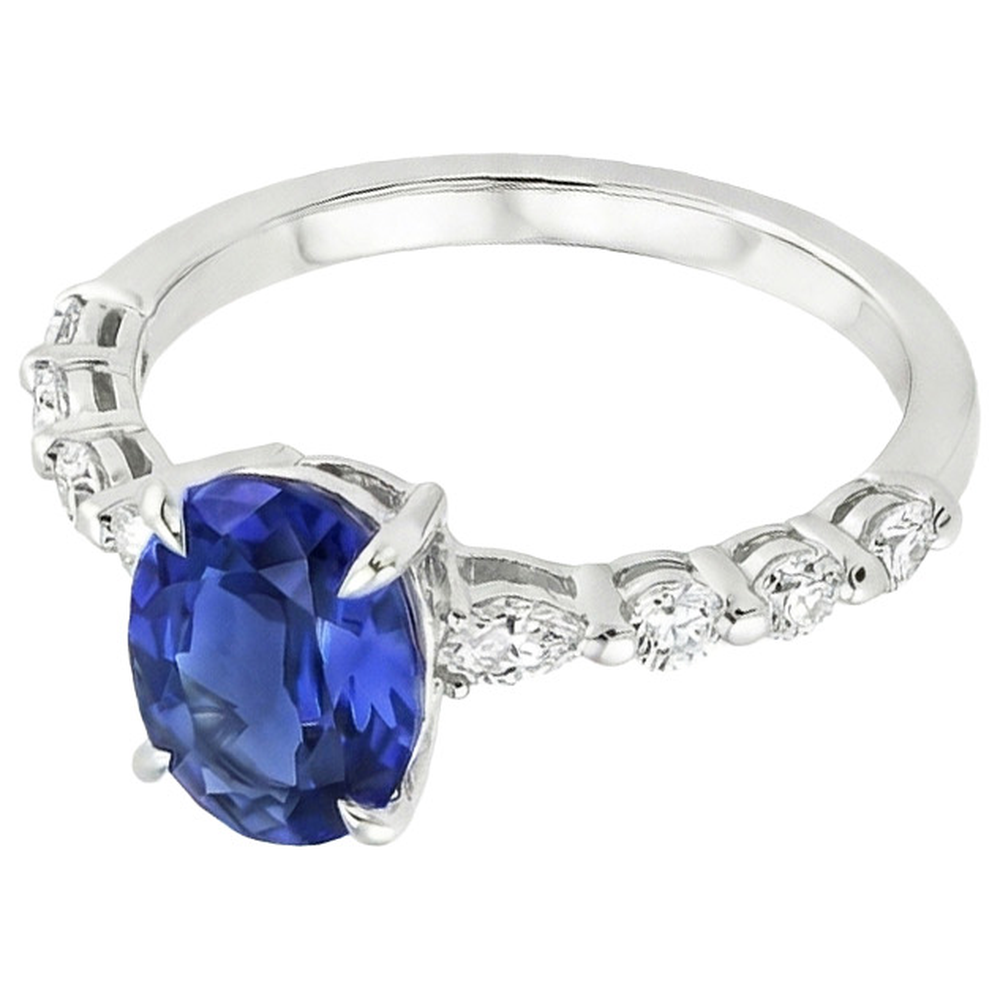 Solitaire Ring With Pear & Round Natural Earth Mined Diamond Accent Blue Sapphire 4 Carats