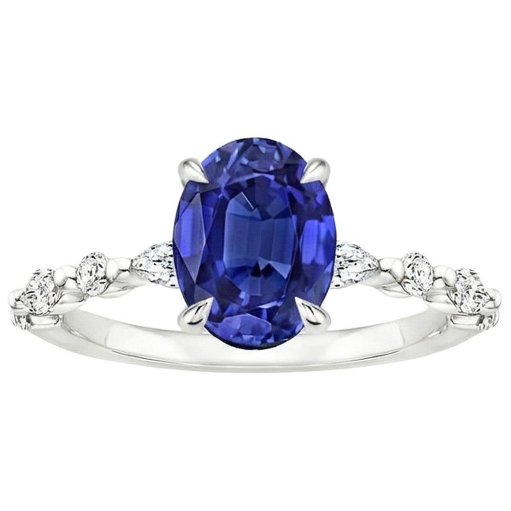 Solitaire Ring With Pear & Round Natural Earth Mined Diamond Accent Blue Sapphire 4 Carats