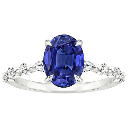 Solitaire Ring With Pear & Round Natural Earth Mined Diamond Accent Blue Sapphire 4 Carats