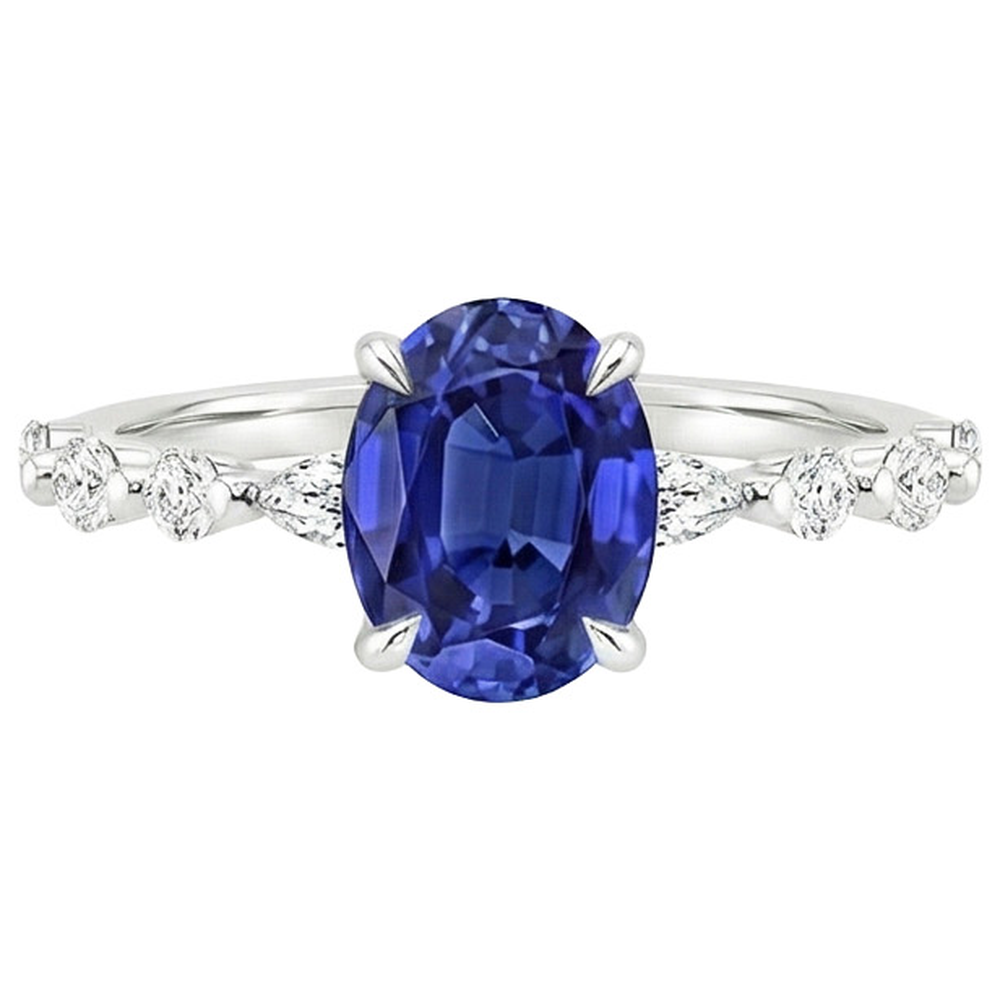Solitaire Ring With Pear & Round Natural Earth Mined Diamond Accent Blue Sapphire 4 Carats
