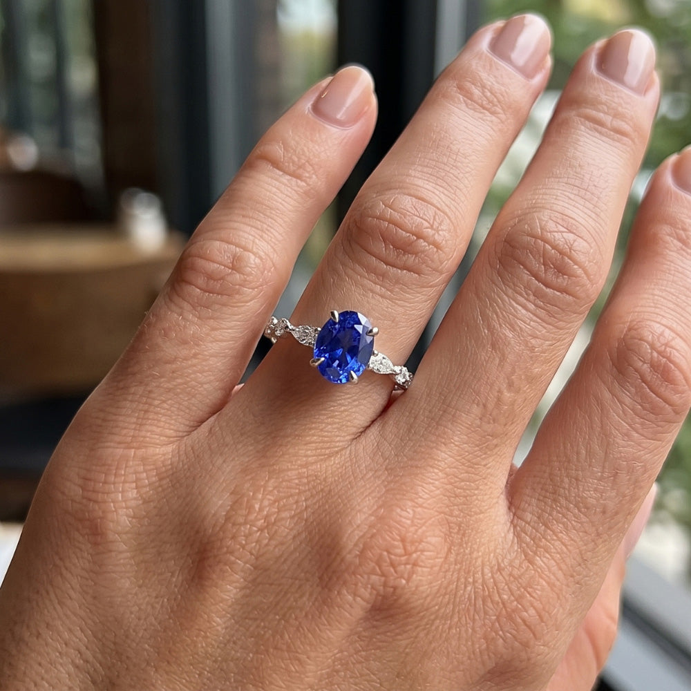 Solitaire Ring With Pear & Round Natural Earth Mined Diamond Accent Blue Sapphire 4 Carats
