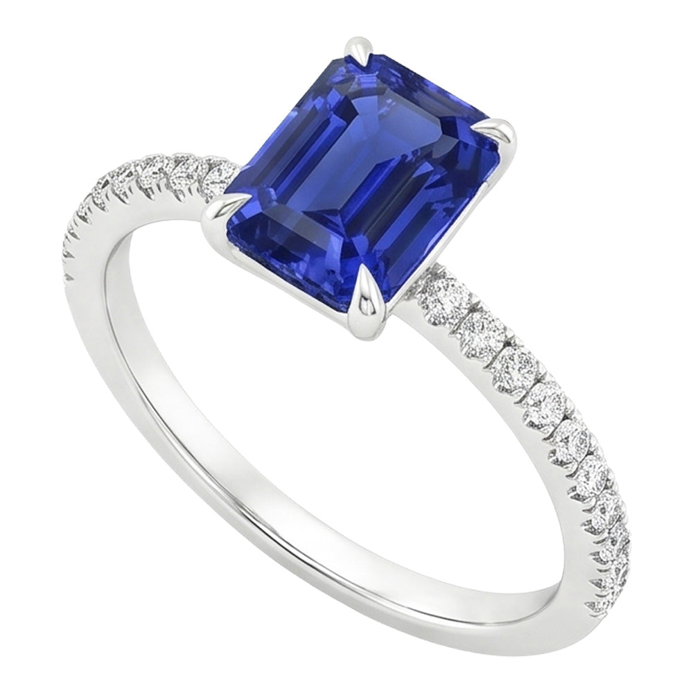 Solitaire Ring with Accents Radiant Ceylon Sapphire & Natural Earth Mined Diamond 4 Carats