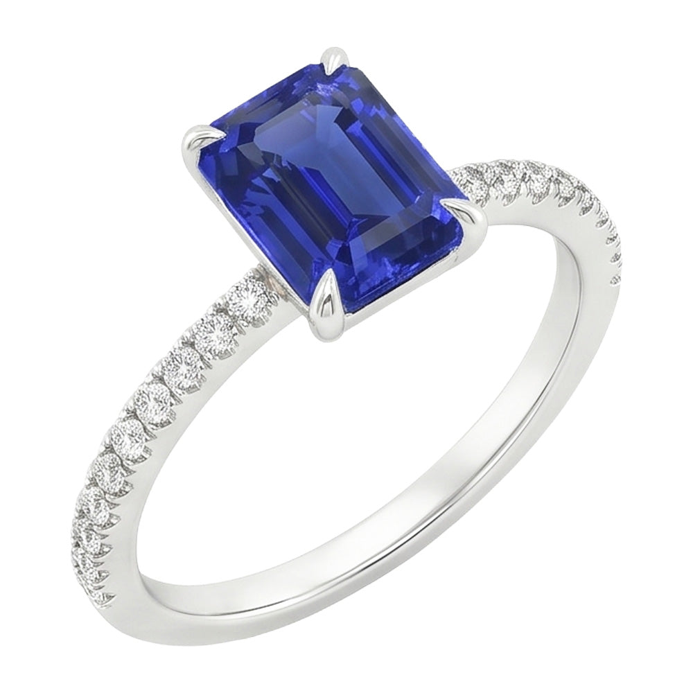 Solitaire Ring with Accents Radiant Ceylon Sapphire & Natural Earth Mined Diamond 4 Carats