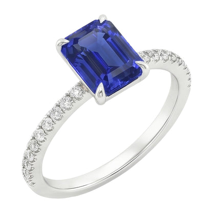 Solitaire Ring with Accents Radiant Ceylon Sapphire & Natural Earth Mined Diamond 4 Carats