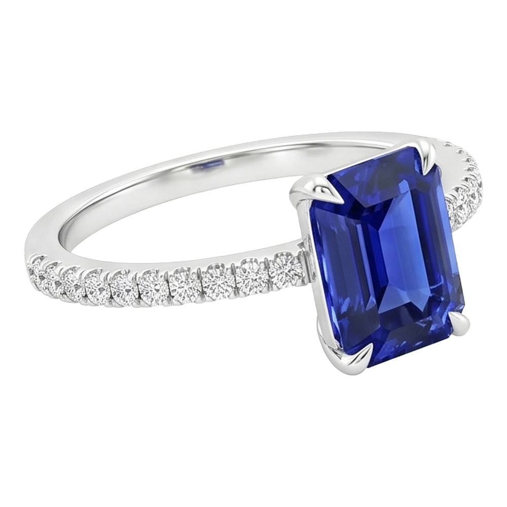 Solitaire Ring with Accents Radiant Ceylon Sapphire & Natural Earth Mined Diamond 4 Carats