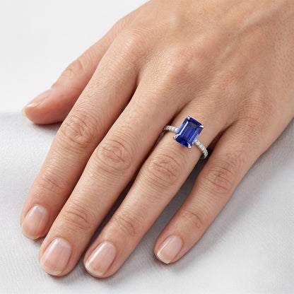 Solitaire Ring with Accents Radiant Ceylon Sapphire & Natural Earth Mined Diamond 4 Carats