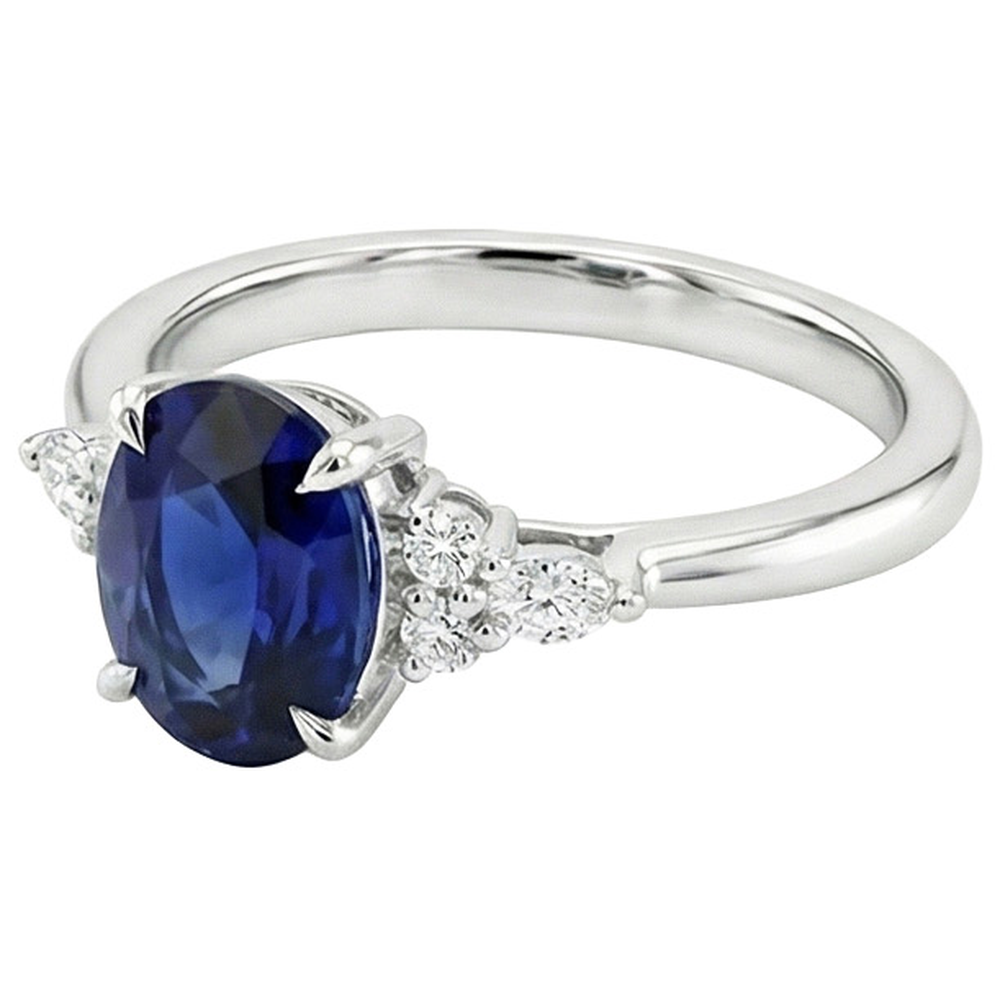 Solitaire Sapphire Ring With Marquise & Round Natural Earth Mined Diamond Accents 3 Carats
