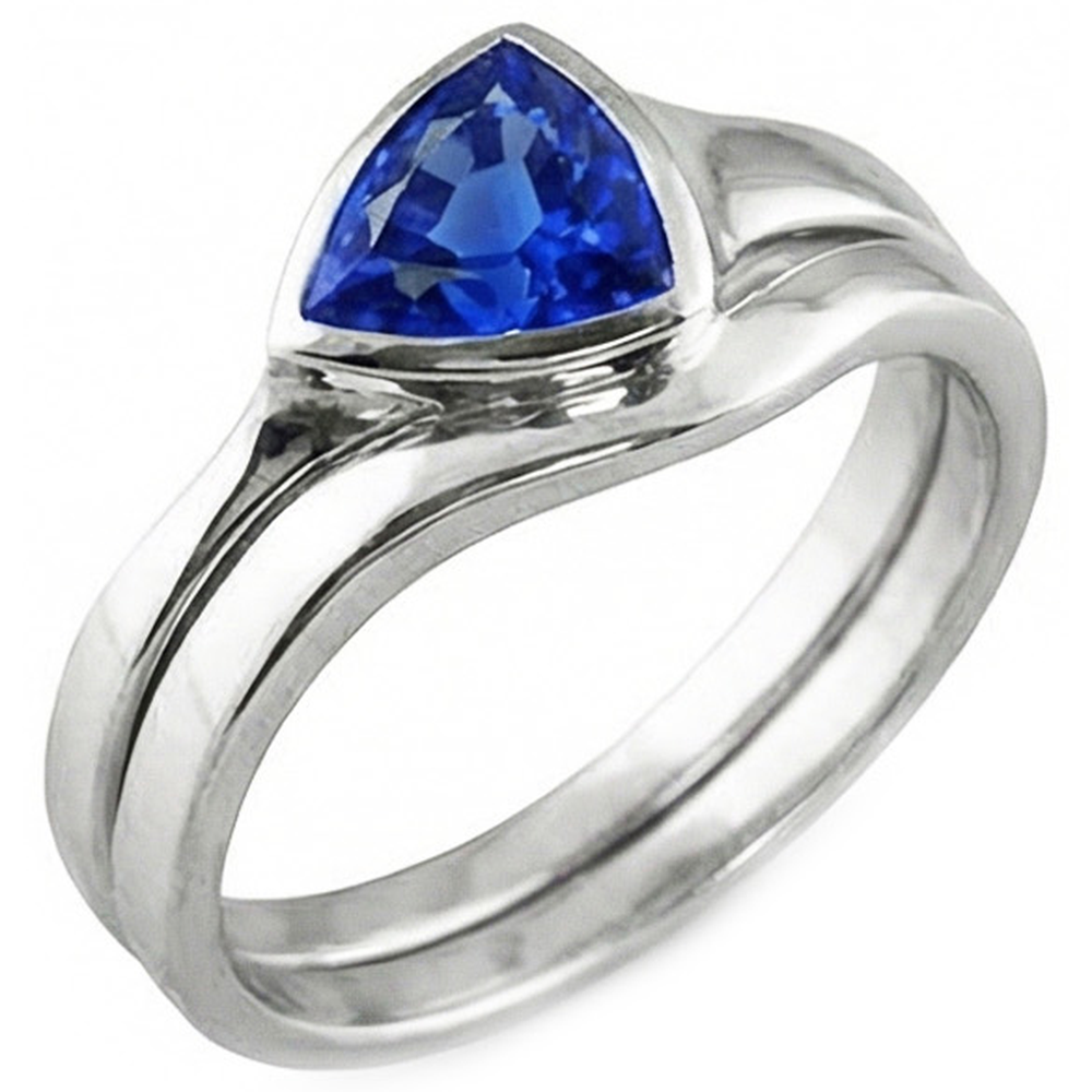 Natural Real ( Not Lab Grown )  Solitaire Wedding Ring Set Trillion Sapphire 1.50 Carats Bezel Set