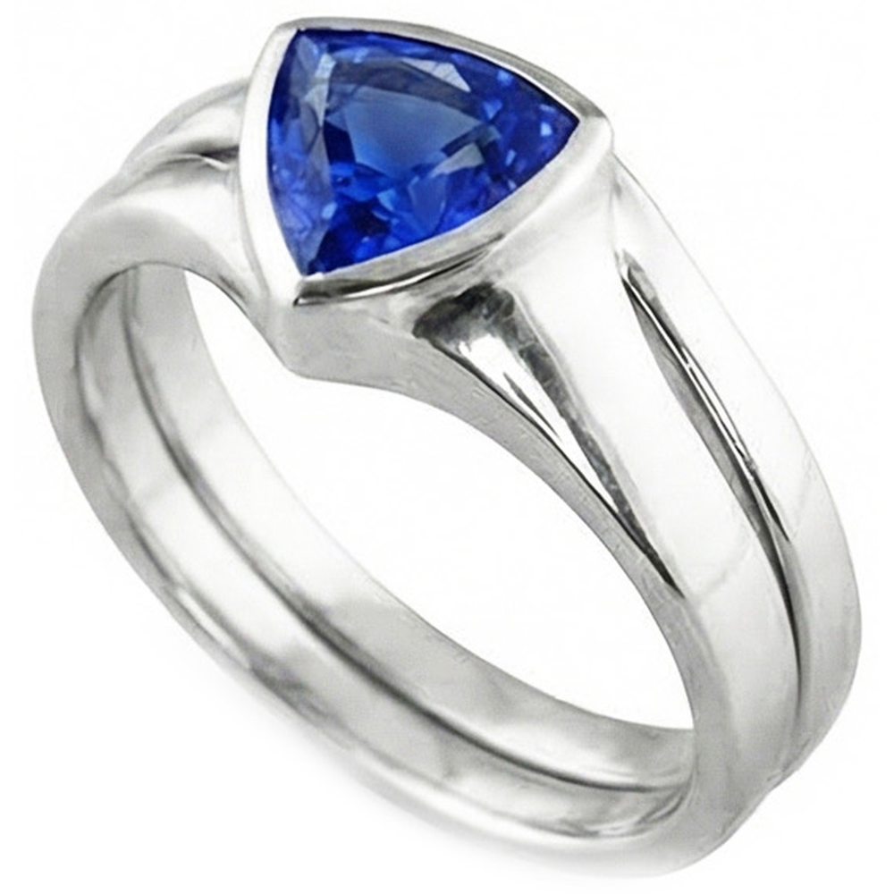 Natural Real ( Not Lab Grown )  Solitaire Wedding Ring Set Trillion Sapphire 1.50 Carats Bezel Set