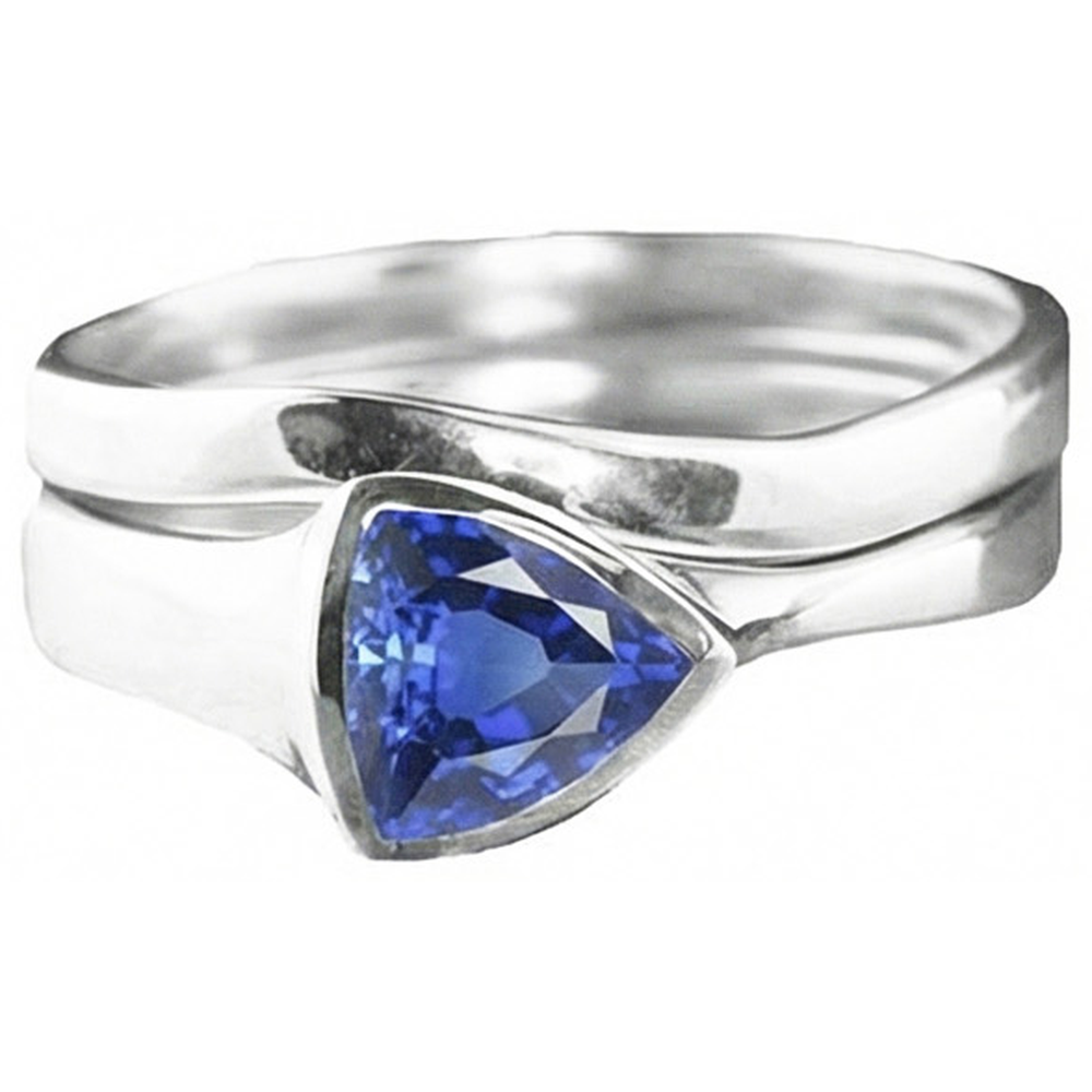 Natural Real ( Not Lab Grown )  Solitaire Wedding Ring Set Trillion Sapphire 1.50 Carats Bezel Set