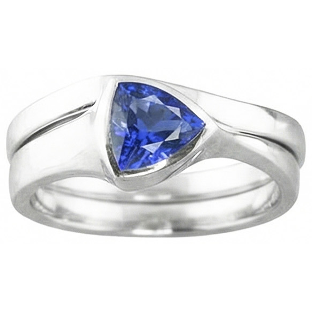 Natural Real ( Not Lab Grown )  Solitaire Wedding Ring Set Trillion Sapphire 1.50 Carats Bezel Set