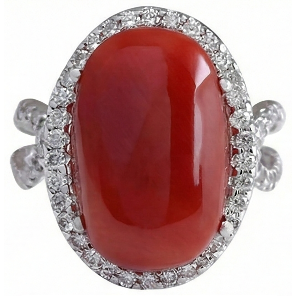 Solitaire With Accent 13.75 Ct Red Coral And Natural Earth Mined Diamonds Ring New