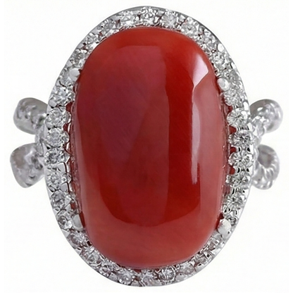 Solitaire With Accent 13.75 Ct Red Coral And Natural Earth Mined Diamonds Ring New