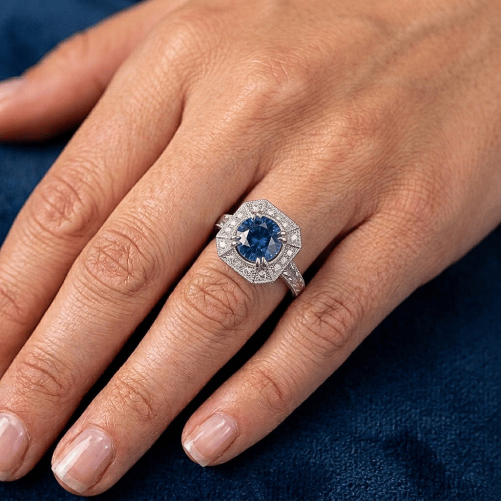 Solitaire With Accent 3.75 Ct Sapphire And Natural Earth Mined Diamonds Ring White Gold
