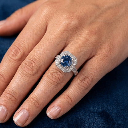 Solitaire With Accent 3.75 Ct Sapphire And Natural Earth Mined Diamonds Ring White Gold