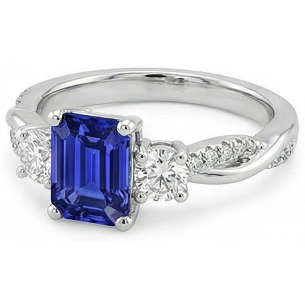 Natural Real ( Not Lab Grown )  Solitaire With Accents 3 Stone Ring Blue Sapphire 4.25 Carats