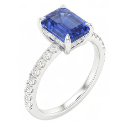 Solitaire With Accents Pave Set Ring Blue Sapphire & Natural Earth Mined Diamonds 3 Carats