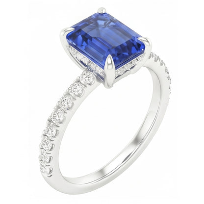 Solitaire With Accents Pave Set Ring Blue Sapphire & Natural Earth Mined Diamonds 3 Carats