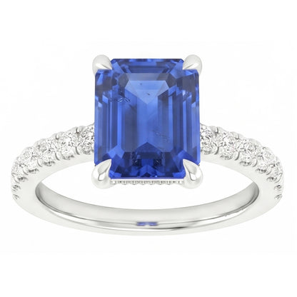 Solitaire With Accents Pave Set Ring Blue Sapphire & Natural Earth Mined Diamonds 3 Carats