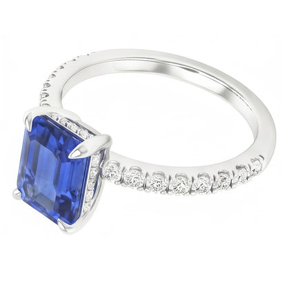 Solitaire With Accents Pave Set Ring Blue Sapphire & Natural Earth Mined Diamonds 3 Carats