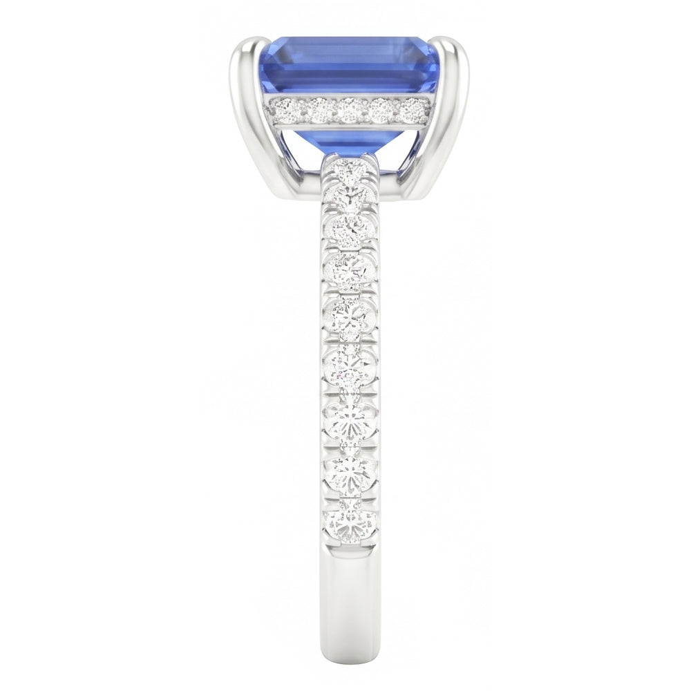 Solitaire With Accents Pave Set Ring Blue Sapphire & Natural Earth Mined Diamonds 3 Carats