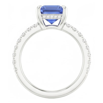 Solitaire With Accents Pave Set Ring Blue Sapphire & Natural Earth Mined Diamonds 3 Carats
