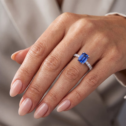 Solitaire With Accents Pave Set Ring Blue Sapphire & Natural Earth Mined Diamonds 3 Carats