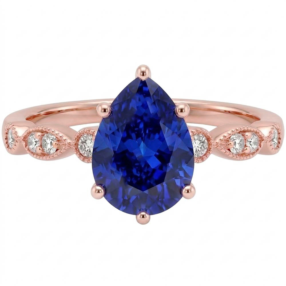 Solitaire With Accents Ring Pear Blue Sapphire & Natural Earth Mined Diamonds 3.50 Carats