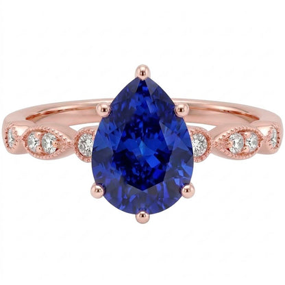 Solitaire With Accents Ring Pear Blue Sapphire & Natural Earth Mined Diamonds 3.50 Carats
