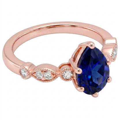 Solitaire With Accents Ring Pear Blue Sapphire & Natural Earth Mined Diamonds 3.50 Carats