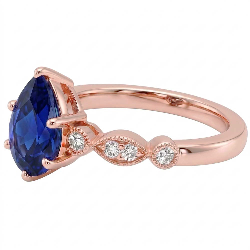 Solitaire With Accents Ring Pear Blue Sapphire & Natural Earth Mined Diamonds 3.50 Carats