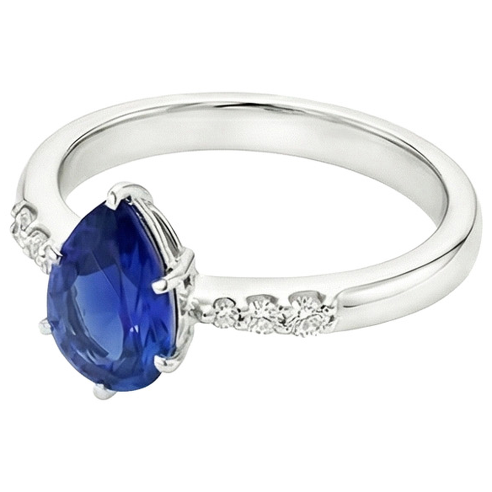 Solitaire With Accents Ring Pear Ceylon Sapphire & Natural Earth Mined Diamonds 4 Carats