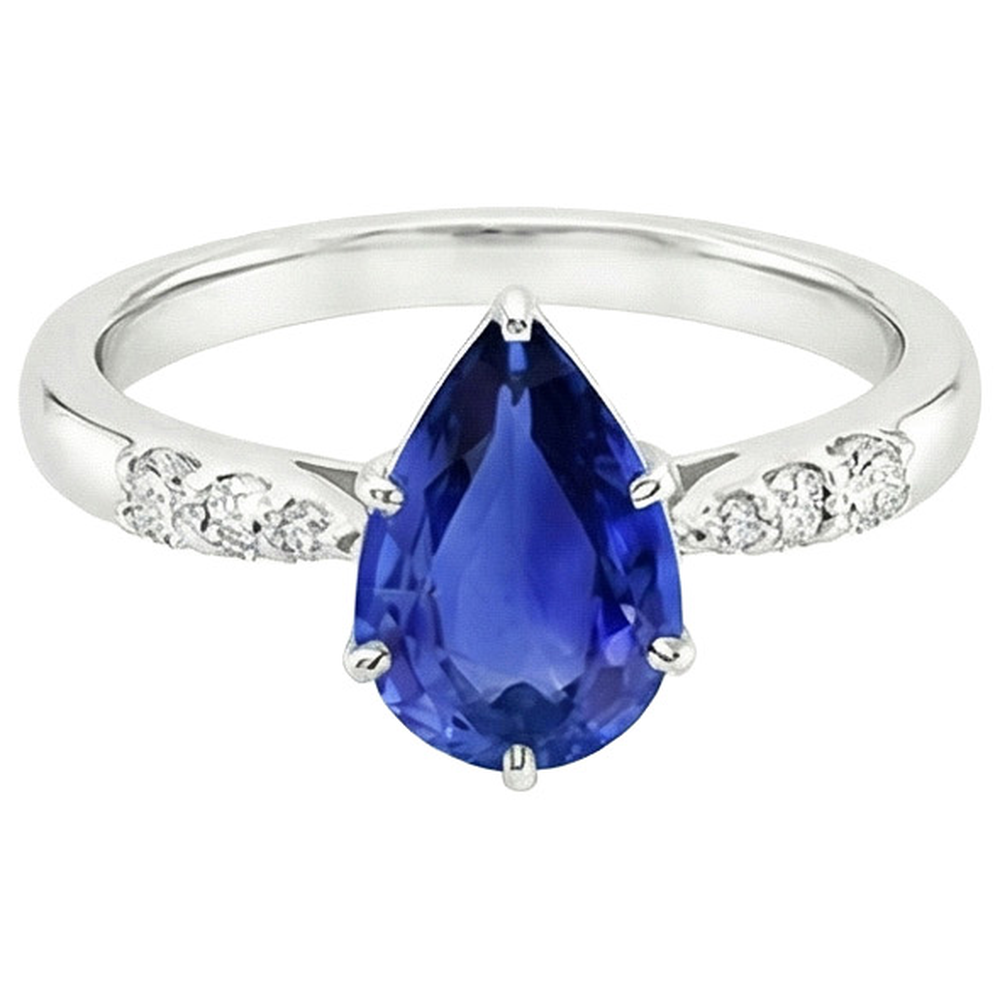Solitaire With Accents Ring Pear Ceylon Sapphire & Natural Earth Mined Diamonds 4 Carats