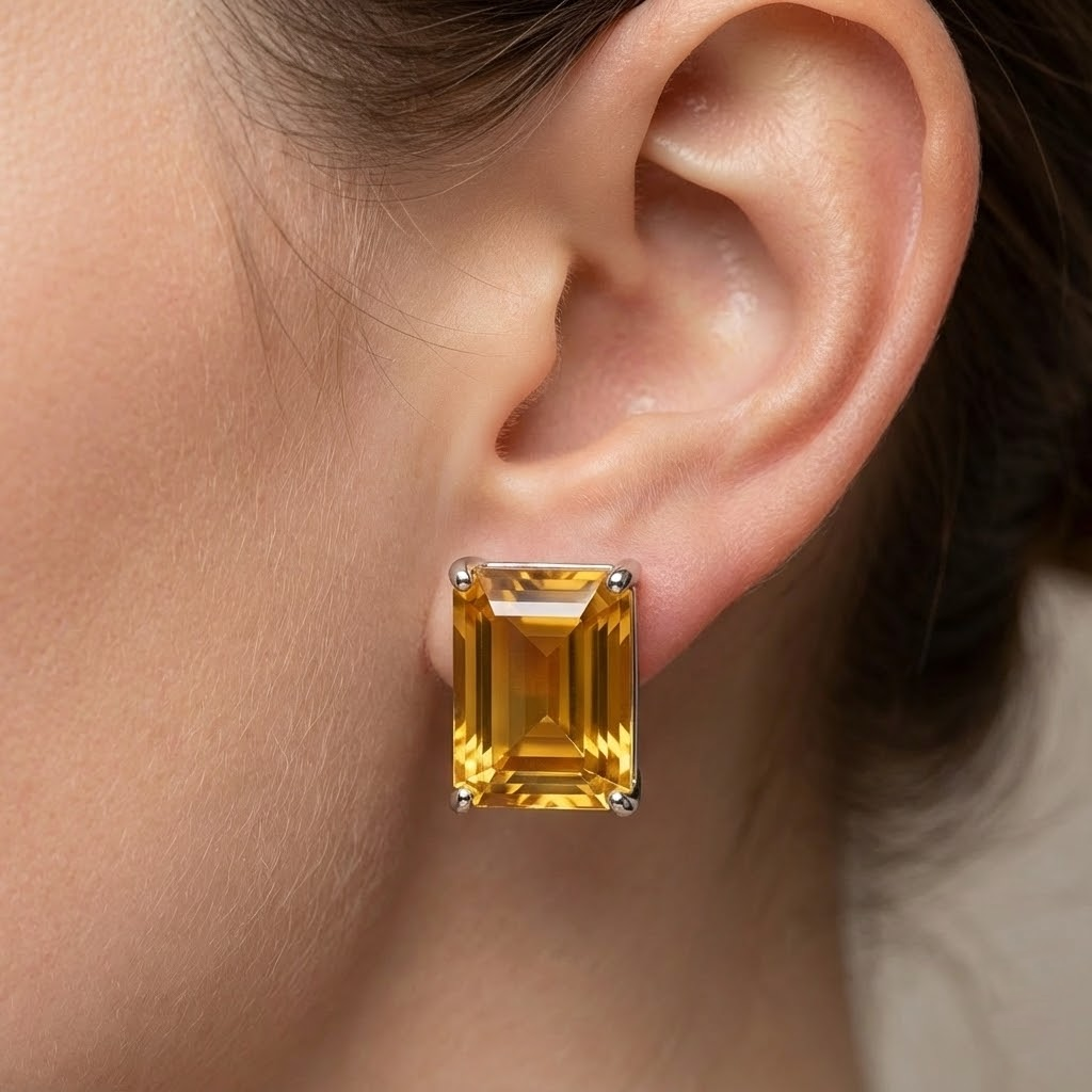 Solitaire Emerald Cut Madeira Citrine 44 Ct Studs Earrings White Gold