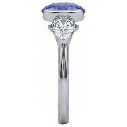 Sparkling 3-Stone 3 Carat Oval Tanzanite And Pear Natural Earth Mined Diamond Ring