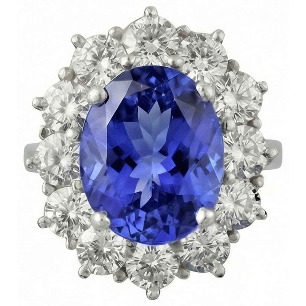 Sparkling 6 Carat Oval AAA Tanzanite And Round Natural Earth Mined Diamonds Ring