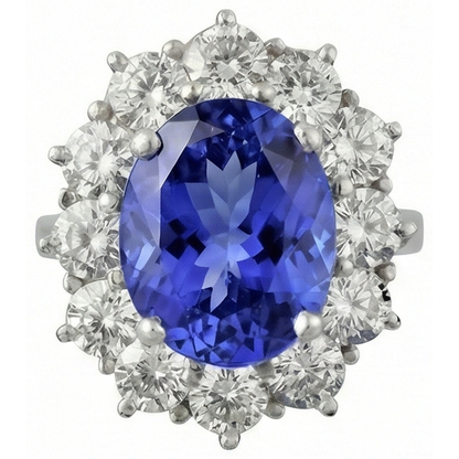Sparkling 6 Carat Oval AAA Tanzanite And Round Natural Earth Mined Diamonds Ring