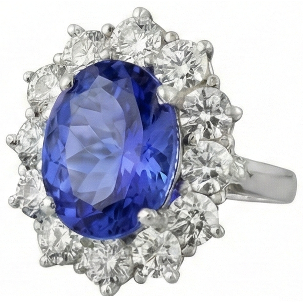 Sparkling 6 Carat Oval AAA Tanzanite And Round Natural Earth Mined Diamonds Ring