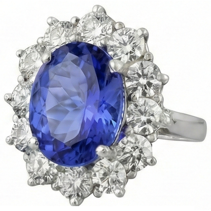 Sparkling 6 Carat Oval AAA Tanzanite And Round Natural Earth Mined Diamonds Ring
