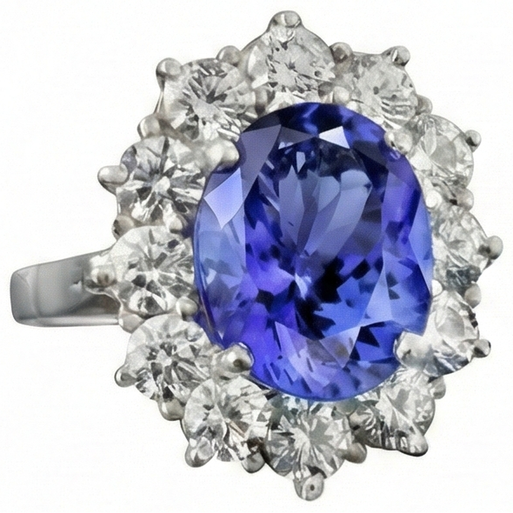 Sparkling 6 Carat Oval AAA Tanzanite And Round Natural Earth Mined Diamonds Ring