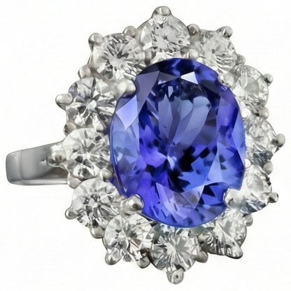 Sparkling 6 Carat Oval AAA Tanzanite And Round Natural Earth Mined Diamonds Ring