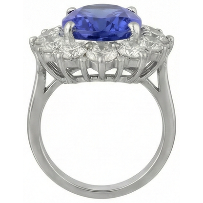 Sparkling 6 Carat Oval AAA Tanzanite And Round Natural Earth Mined Diamonds Ring