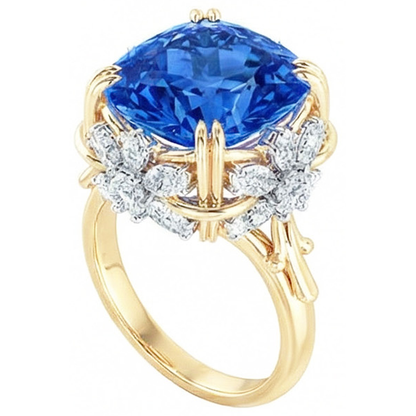 Sparkling Cushion Ceylon Color Sapphire IGI CERTIFIED Diamond Ring 7.81 Ct Yellow Gold 14K