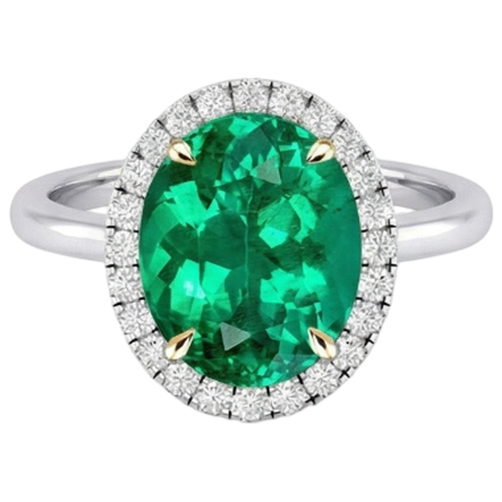 Natural Real ( Not Lab Grown ) Sparkling Gemstone Ring Green Emerald GIA Halo Jewelry